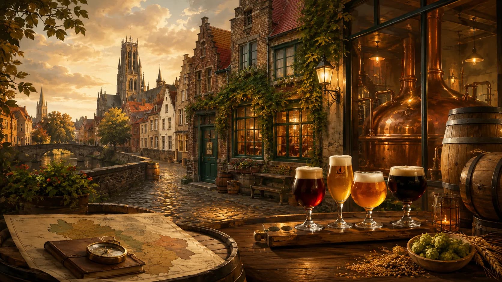 Illustrative view of Belgian brewing heritage with historic architecture and brewery atmosphere