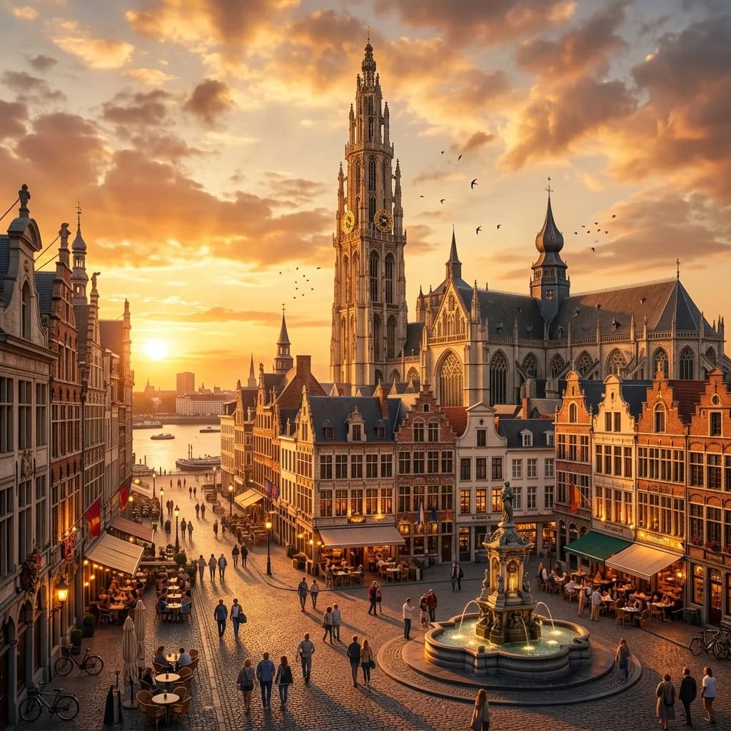 Illustrative Antwerp beer-culture city scene