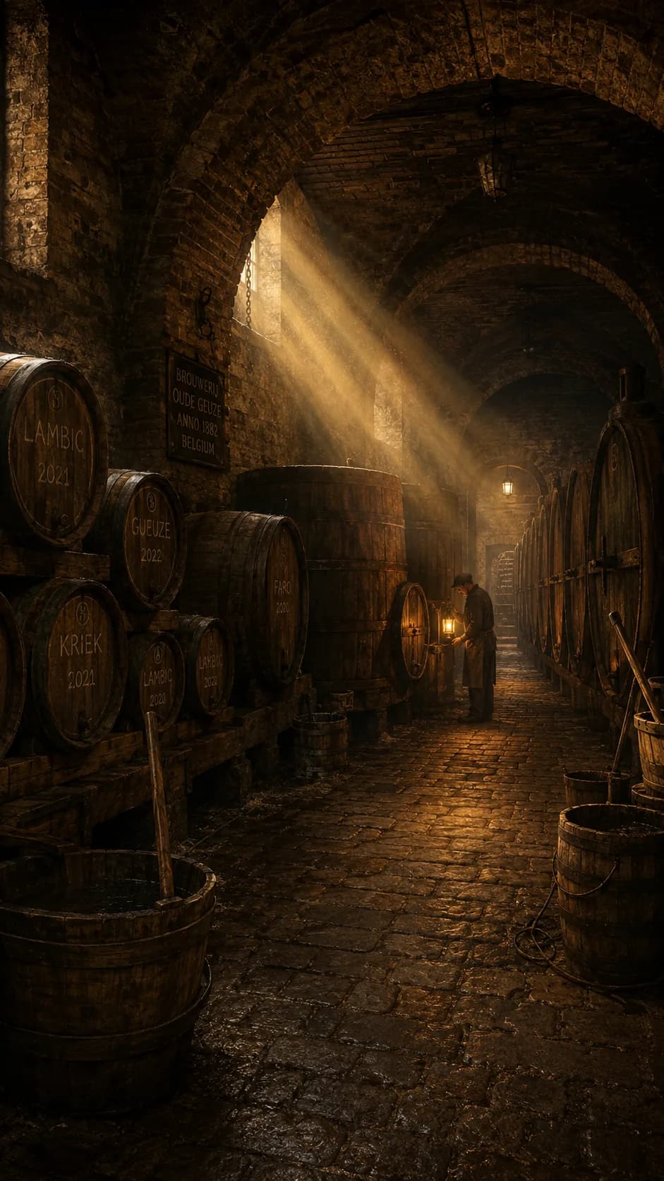 Illustrative Pajottenland lambic cellar and barrel-aging atmosphere