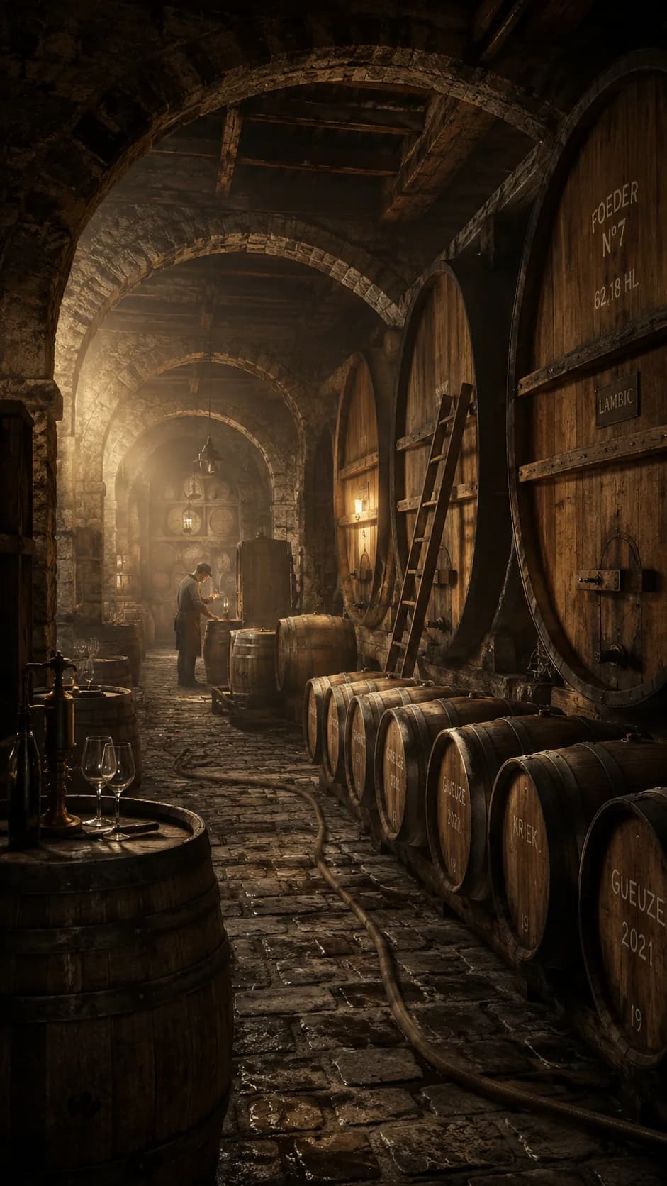 Illustrative Flemish Brabant lambic barrel hall atmosphere