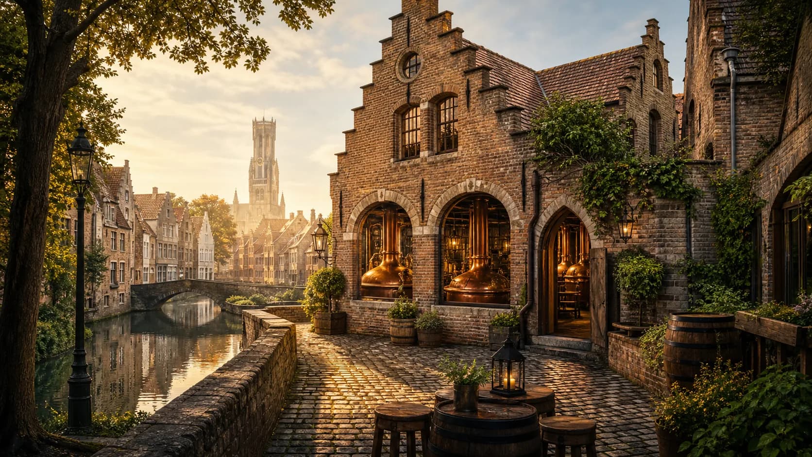 Illustrative Bruges canal-city brewery and visitor courtyard atmosphere for Brouwerij De Halve Maan