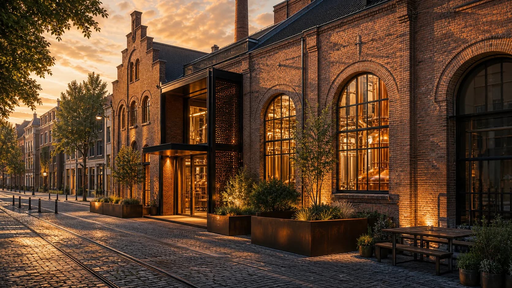 Illustrative Antwerp city-brewery visitor courtyard atmosphere for De Koninck