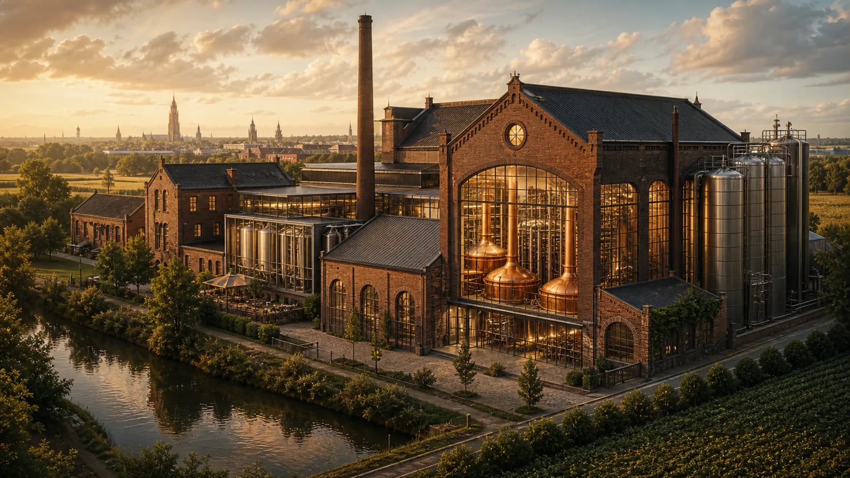 Illustrative Flemish strong-ale brewery campus and brewhouse atmosphere