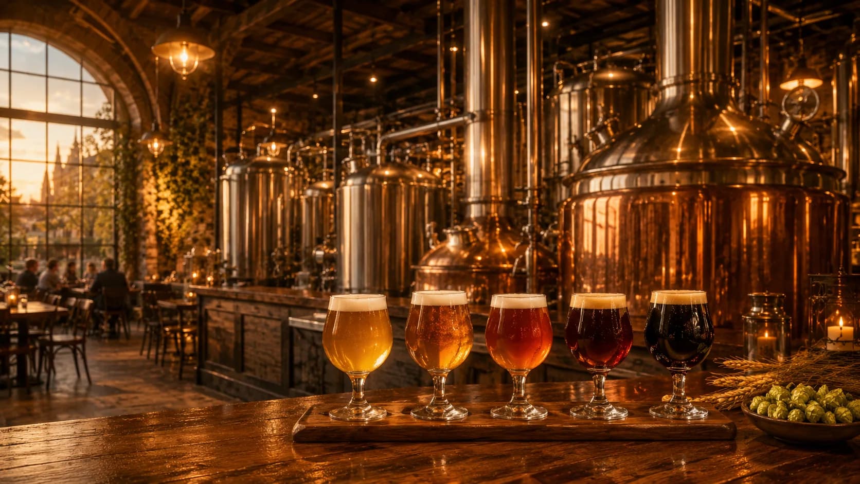 Illustrative Ghent city-brewery taproom and brewhouse atmosphere for Gruut