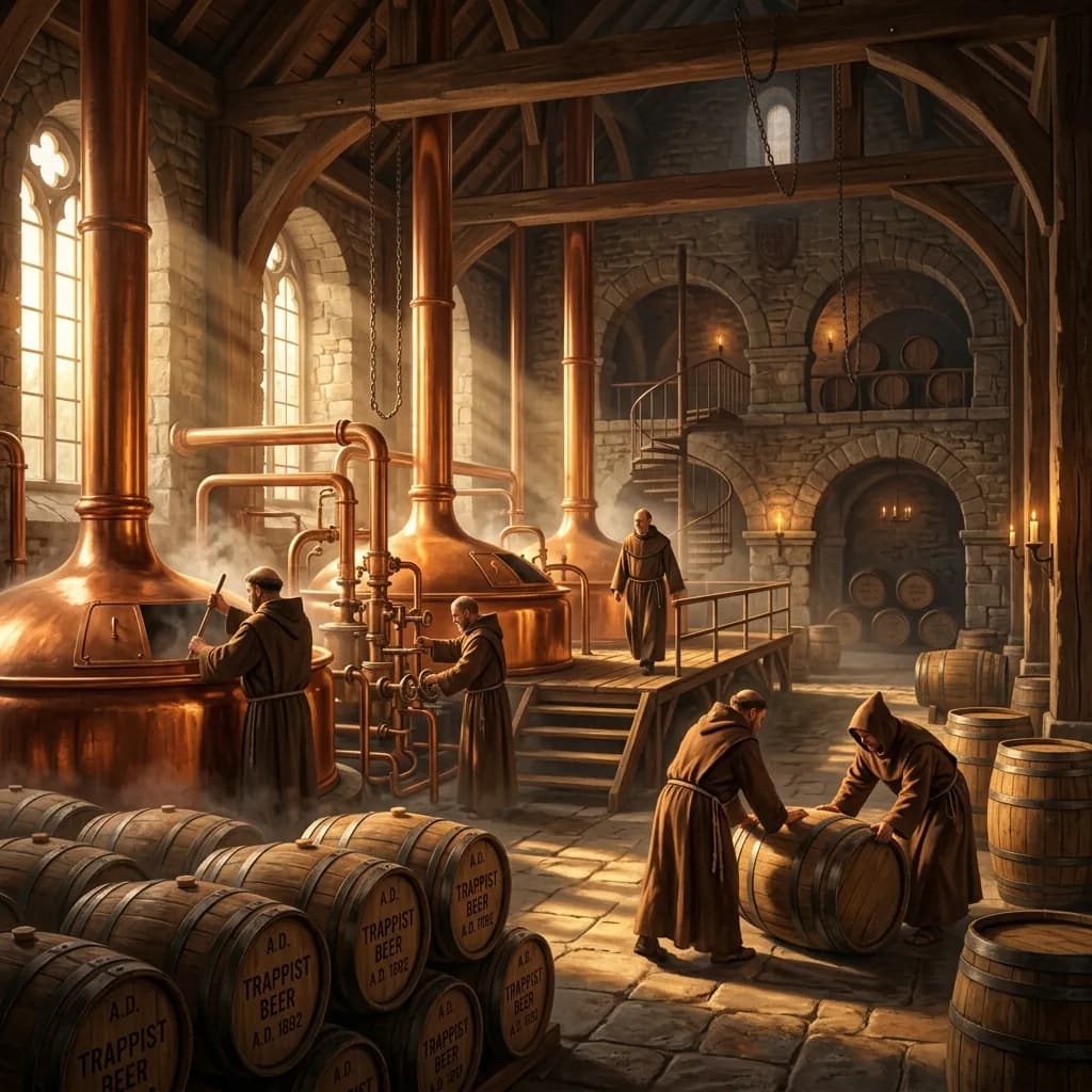 Illustrative southern Walloon abbey-brewery courtyard atmosphere