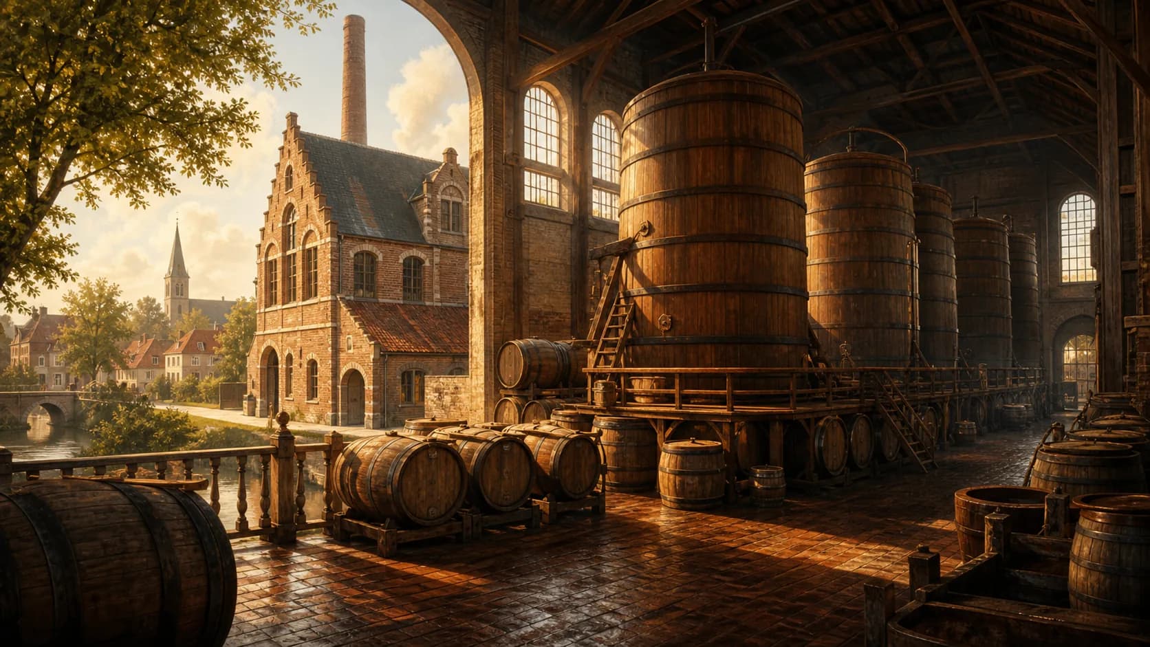 Illustrative West Flemish wood-aging brewery and foeder hall atmosphere