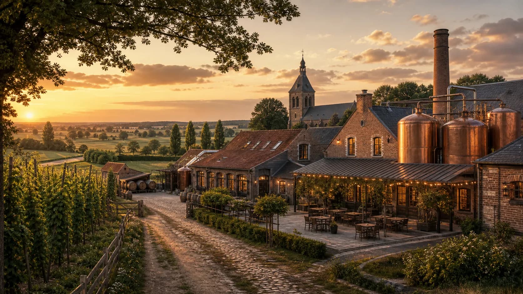 Illustrative rural West Flemish abbey-style brewery atmosphere