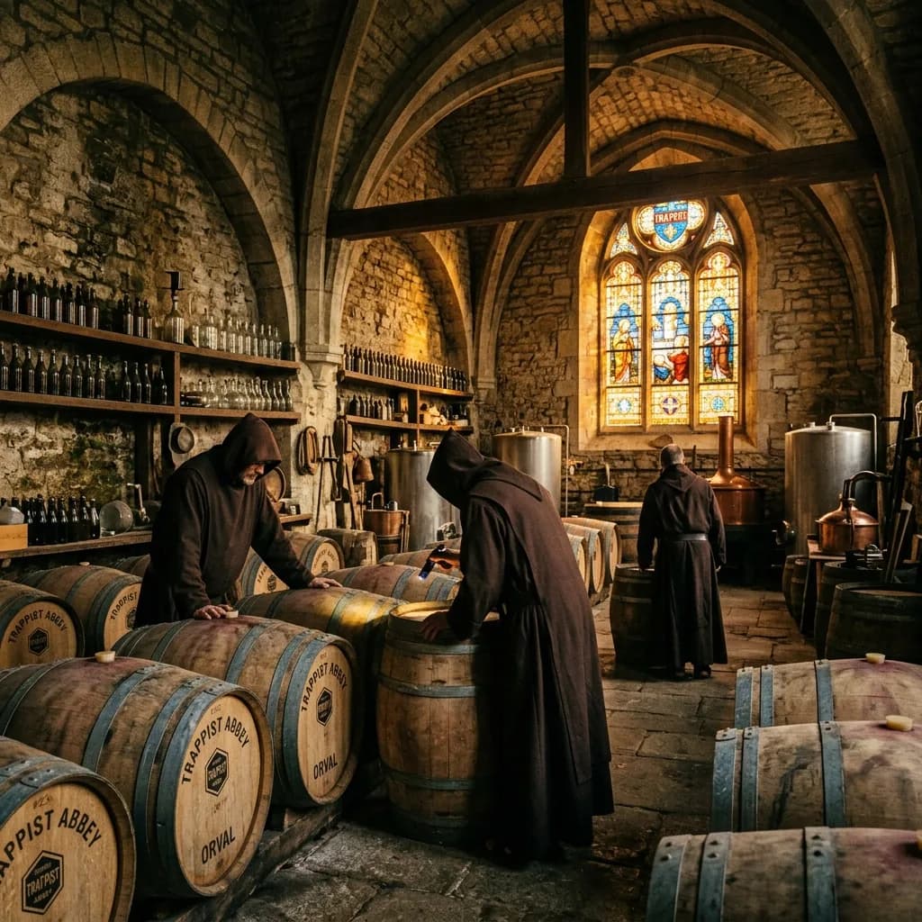 Illustrative Trappist cellar and monastic brewery atmosphere
