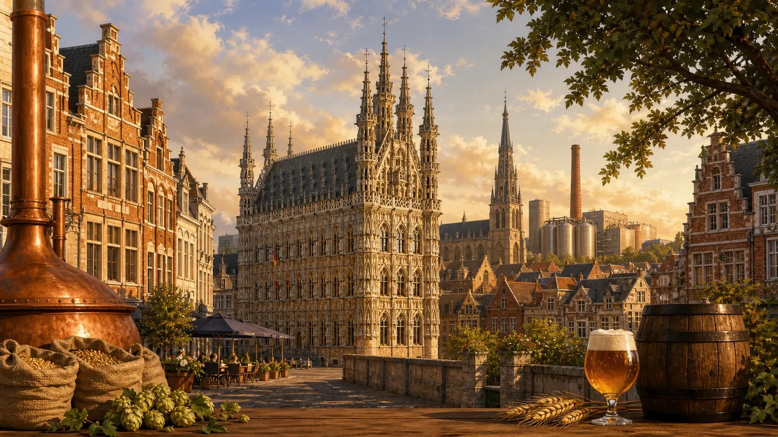 Illustrative Leuven beer-heritage city scene with historic Flemish architecture and brewery atmosphere
